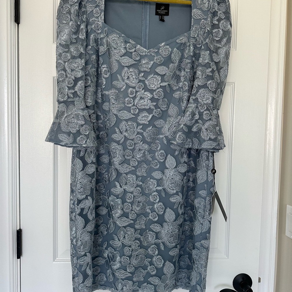 NWT Adrianna Papell Light Blue Floral Lace Overlay Dress w/stunning neckline.